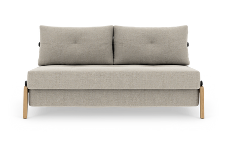 Beige 2‑personers stofsofa med to ryghynder og træben, fritlagt frontvisning.