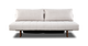 Beige to-personers sofa med to ryghynder, lodret kanalquiltet sæde og træben, set forfra.