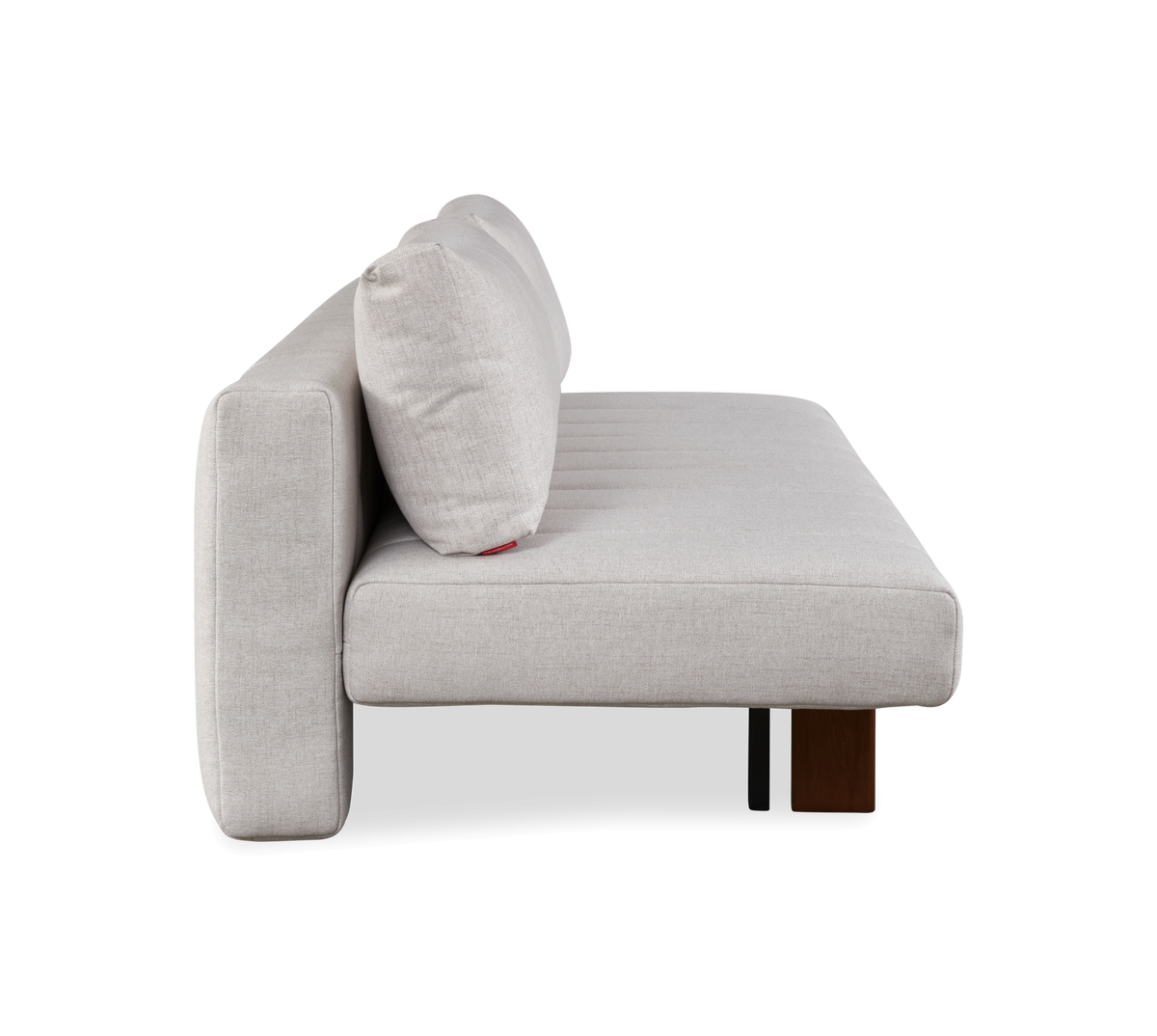 Sideview af lys grå modulsofa med ryghynde og træ- og metalben, frilagt på neutral baggrund.