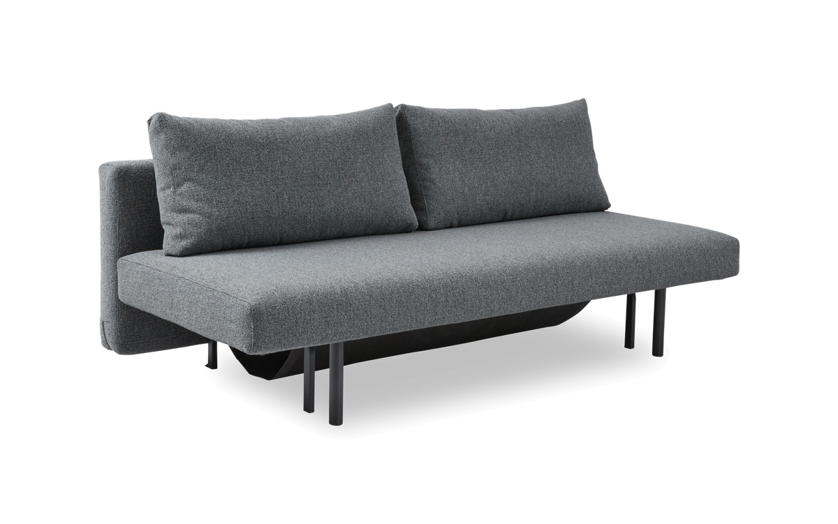 Grå moderne sofa med to ryghynder på hvid baggrund.