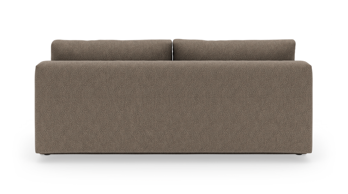 Bagfra-visning af beige/grå sofa på hvid studiobaggrund.