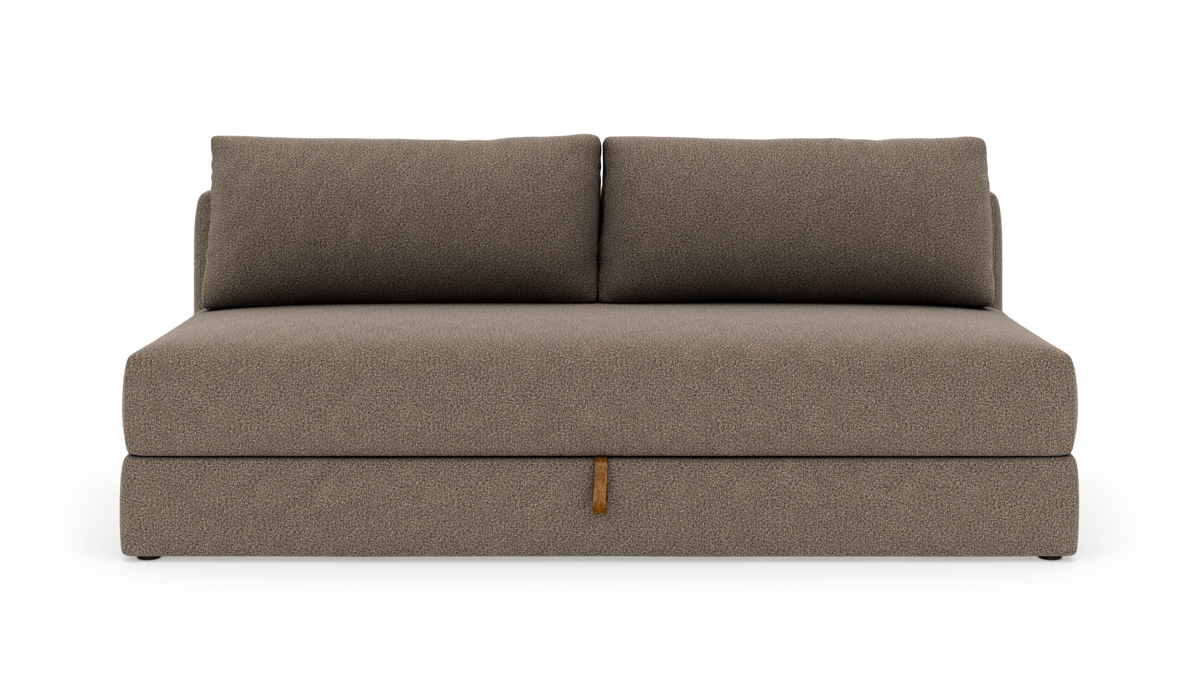 Brun 2-personers modulsofa med to ryghynder i boucléstof, frilagt på hvid baggrund.
