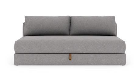 Grå 2-personers sofa med to ryghynder på hvid baggrund.