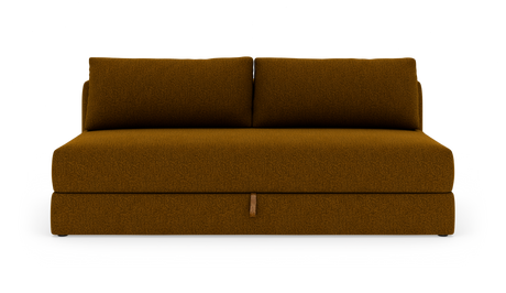 Brun, armløs 2-personers sofa med to ryghynder, frilagt på hvid baggrund set forfra.