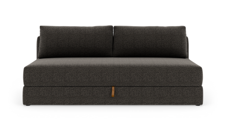 Mørkegrå modulsofa med to ryghynder, fotograferet lige forfra mod hvid baggrund.