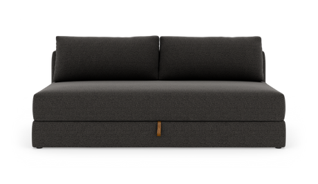 Mørkegrå armløs modulsofa med to ryghynder, frontvisning mod hvid baggrund.