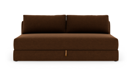 Brun 2-personers modulsofa fotograferet lige forfra mod hvid studiobaggrund.