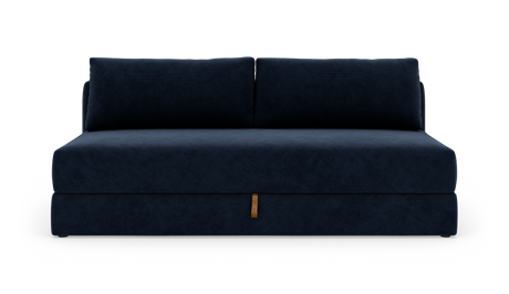 Mørkeblå, armløs to-personers sofa med to ryghynder, fotograferet lige forfra mod hvid baggrund.