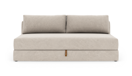 Beige 2-personers modulsofa med to ryghynder, set forfra på hvid studiobaggrund.