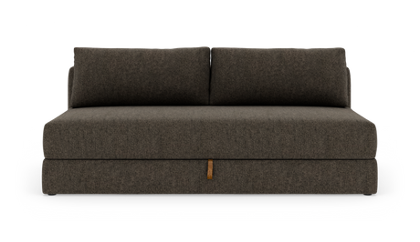 Mørkegrå armløs modulsofa med to ryghynder, frilagt på hvid baggrund.