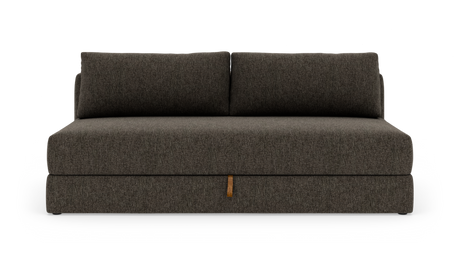 Mørkegrå modulsofa med to ryghynder set forfra på hvid baggrund.