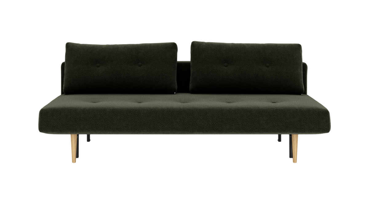 Mørkegrøn sovesofa med to ryghynder og træben, set direkte forfra.