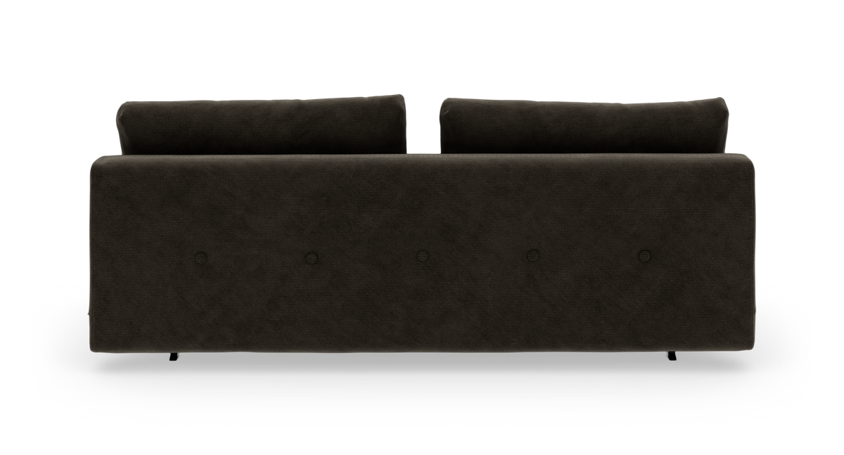 Mørkebrun sofa set bagfra, frilagt på hvid baggrund.