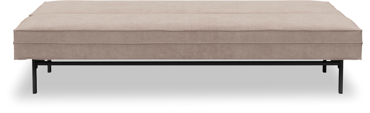 Beige polstret bænk/daybed med sorte metalben, frilagt på hvid baggrund.