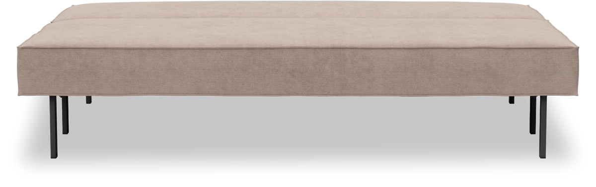 Beige polstret bænk/puf (ottoman) med sorte metalben, frilagt mod hvid baggrund.
