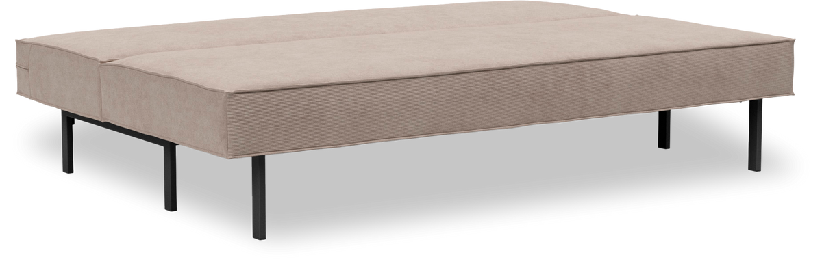 Beige polstret bænk/puf med sorte metalben, frilagt på hvid baggrund.