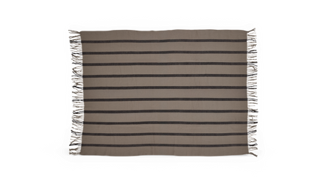 Stribet plaid med frynser i beige og mørkegrå.