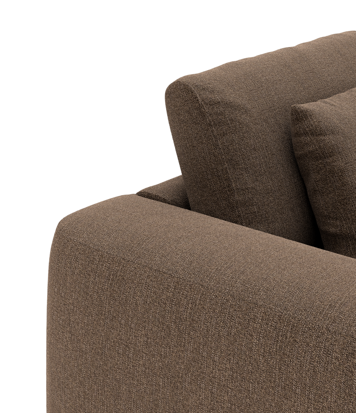 Nærbillede af brun stofsofa med armlæn og ryghynde.