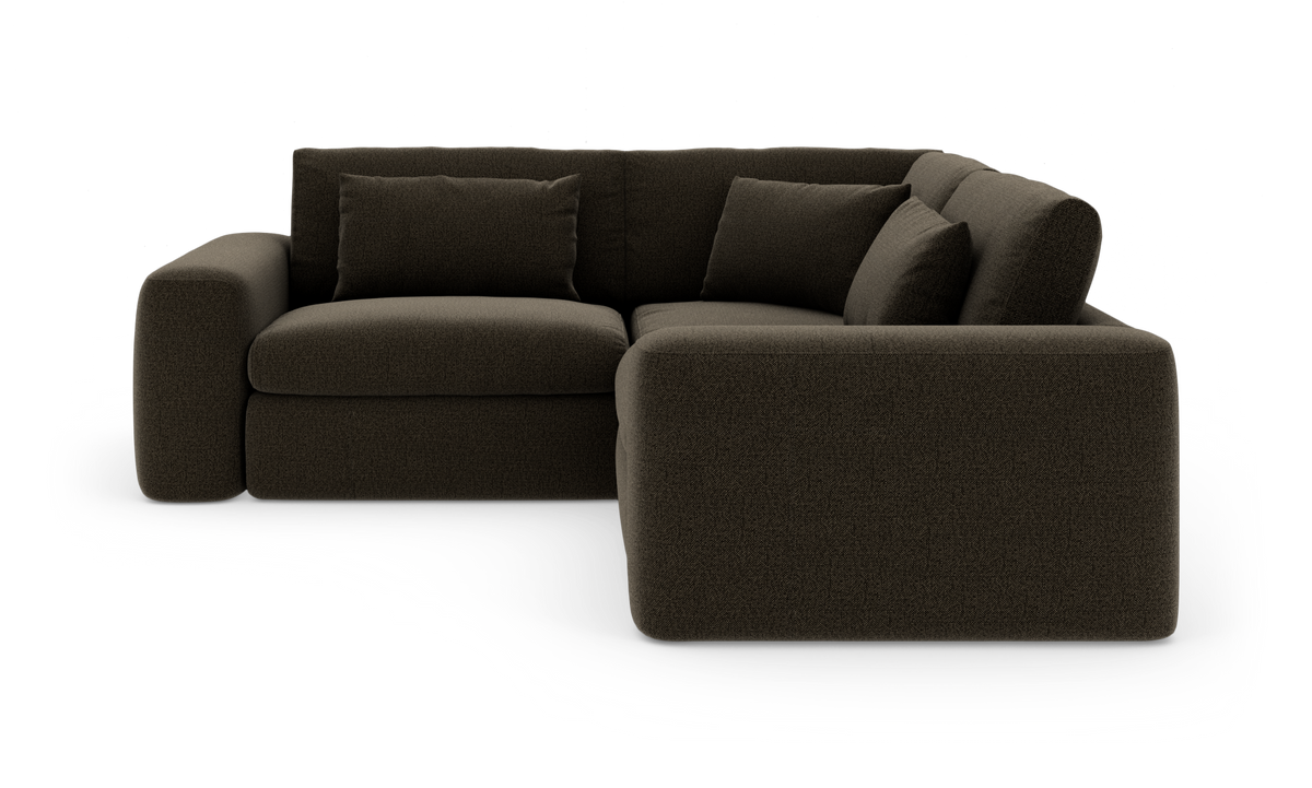Mørkebrun hjørnemodulsofa med tykke sæde- og ryghynder, frilagt på hvid baggrund.