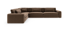 Brun modulær hjørnesofa med bløde puder i moderne design, fritlagt på hvid baggrund.