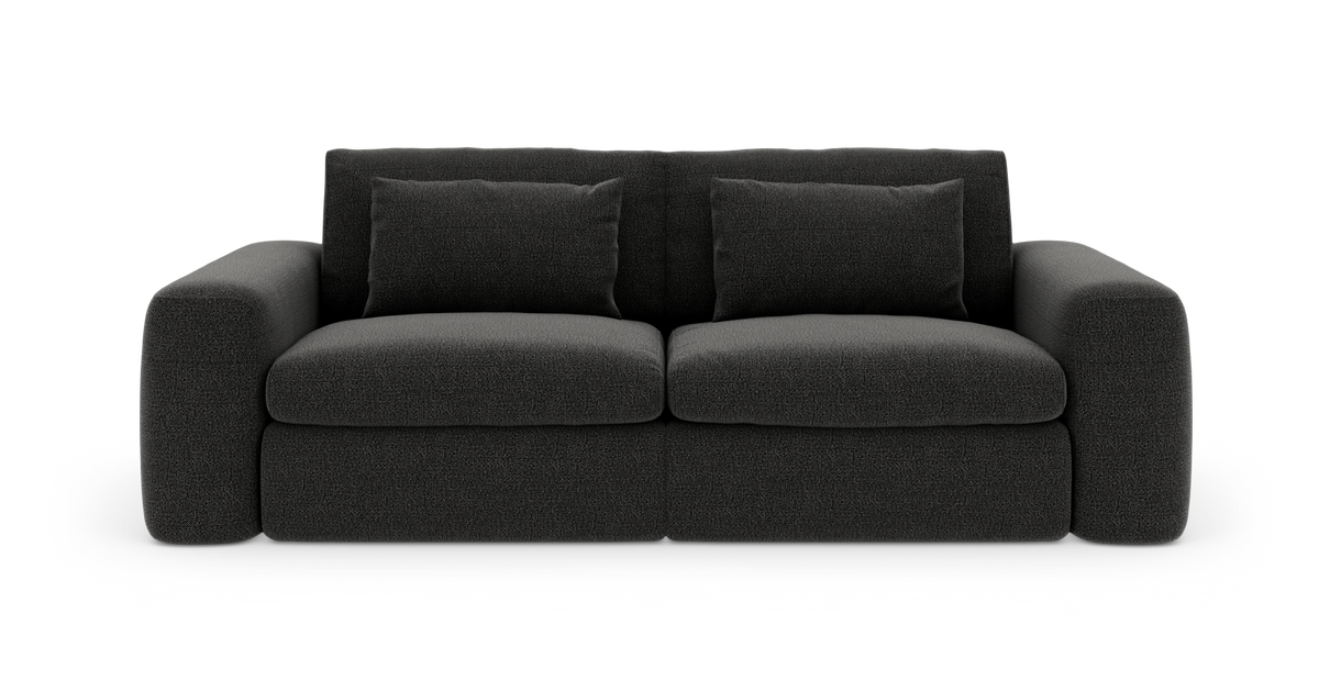 Mørkegrå 2-personers sofa med afrundede armlæn og to ryghynder, set forfra.