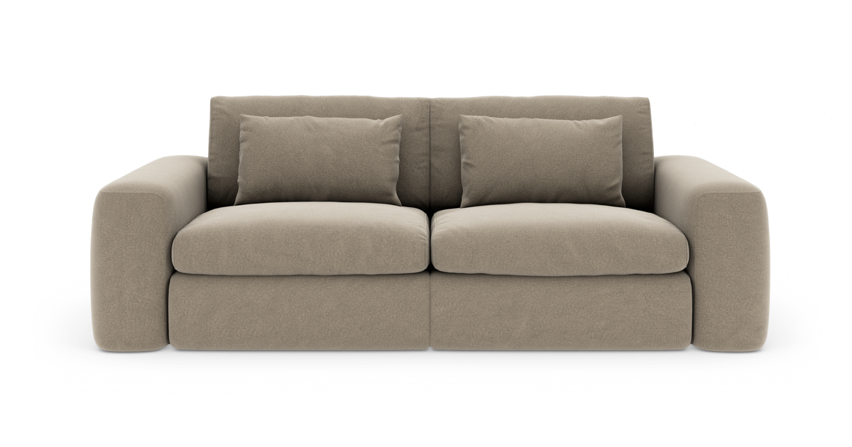 Beigefarvet 2-personers sofa med afrundede armlæn og to ryghynder, frontvisning.