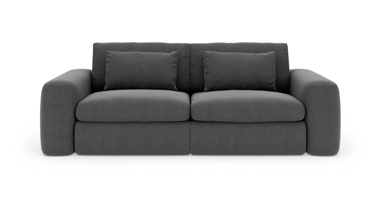 Mørkegrå moderne sofa med to sædehynder og to rygpuder på hvid baggrund.