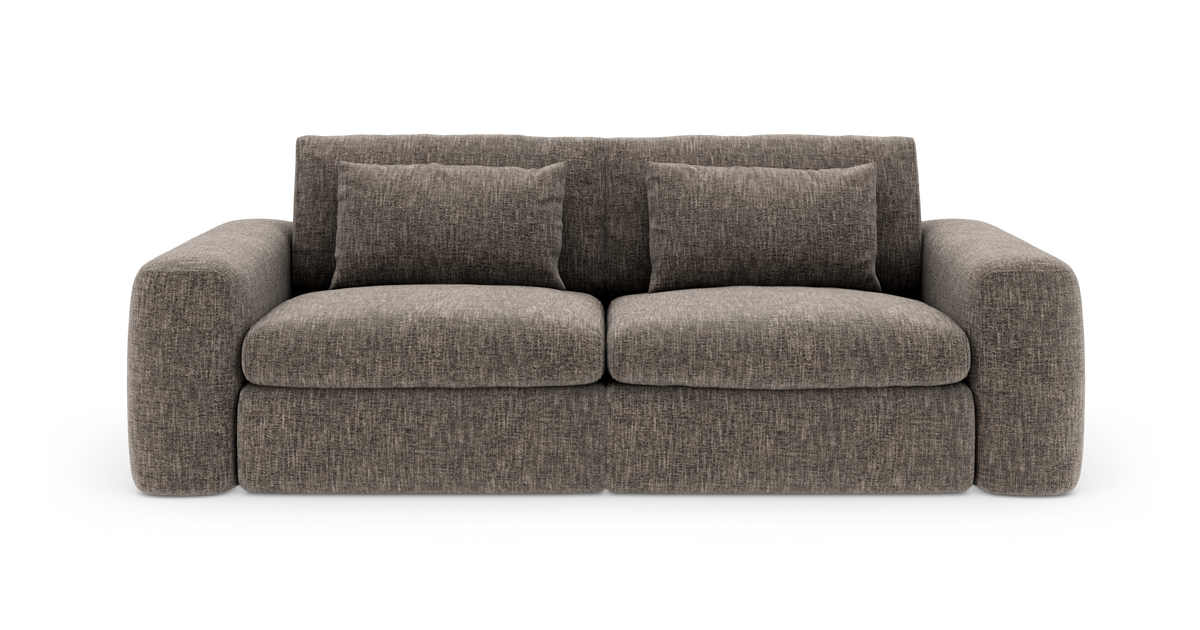 Stor stofsofa i gråmeleret tekstil med afrundede armlæn, to sædehynder og to ryghynder, frilagt på hvid baggrund.