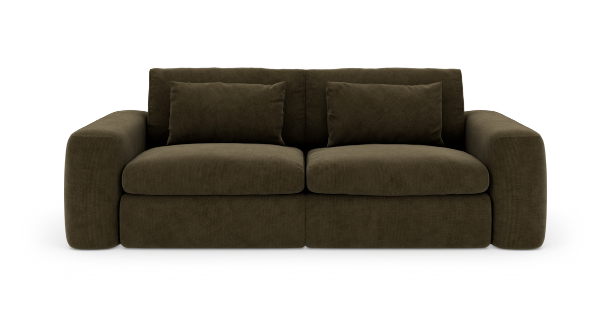 Mørkebrun 2-personers sofa med brede armlæn og to rygpuder, set forfra på hvid baggrund.