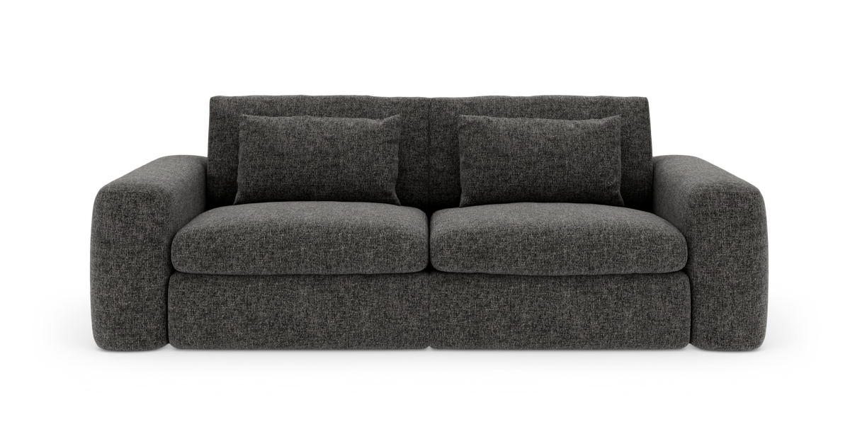 Mørkegrå 2-personers sofa med brede, afrundede armlæn og to ryghynder, frilagt på hvid baggrund.