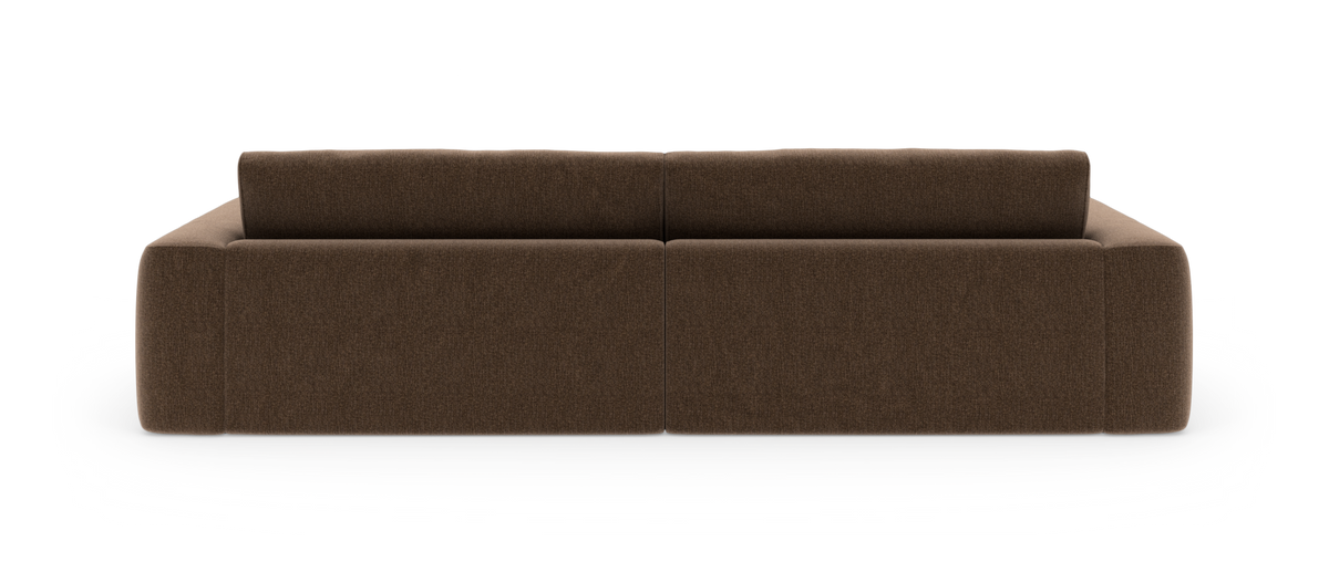 Brun modulsofa set bagfra, to sæder med lav ryg og afrundede kanter på hvid baggrund.