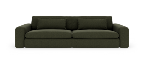 Mørkegrøn, moderne 3-personers sofa med to ryghynder, frilagt på hvid baggrund.