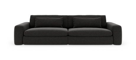 Mørkegrå 3-personers sofa med to sædehynder og to aflange ryghynder, fritlagt mod hvid baggrund.