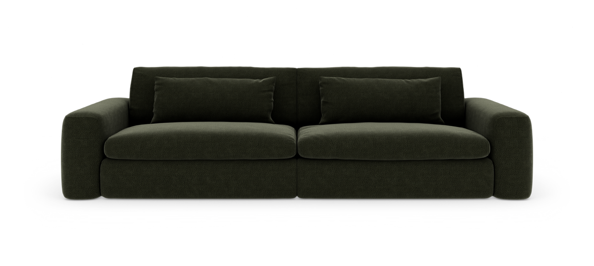 Mørkegrøn 2-personers sofa med bløde, afrundede armlæn og to ryghynder, frilagt på hvid baggrund.