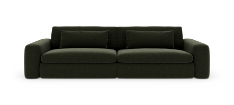 Mørkegrøn 2-personers sofa med bløde, afrundede armlæn og to ryghynder, frilagt på hvid baggrund.