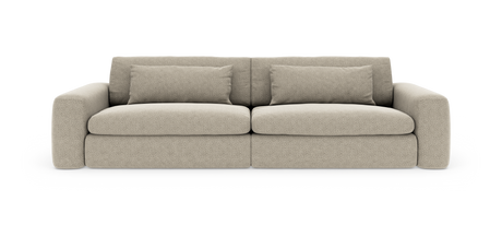 Beige 3-personers sofa med afrundede armlæn og to ryghynder, frontvisning på hvid baggrund.
