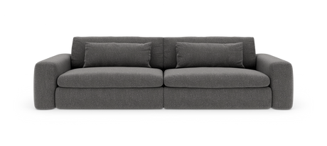Mørkegrå stofsofa med brede armlæn, to store sædehynder og to aflange ryghynder set forfra.