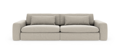 Beige stofsofa med to sædehynder og to ryghynder, frontvisning, frilagt på hvid baggrund.