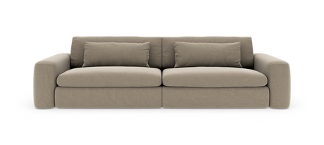Beige 2-personers sofa med bløde puder og afrundede armlæn, frilagt på hvid baggrund.