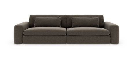Mørkebrun, moderne 2-personers sofa med fyldige armlæn og løse ryghynder, frilagt på hvid baggrund.