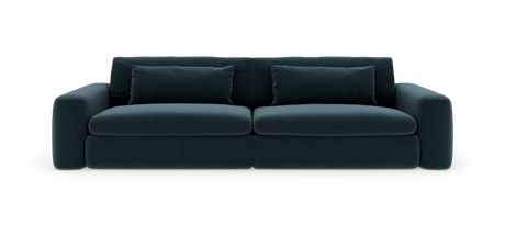 Mørkeblå moderne 2-personers sofa med brede armlæn og to ryghynder, frilagt på hvid baggrund.