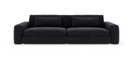 Mørkegrå 3-personers sofa med afrundede armlæn og to aflange puder, frilagt på hvid baggrund.