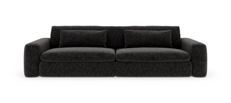 Mørkegrå stofsofa med to sædehynder og to aflange ryghynder, frilagt på hvid baggrund.