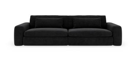 Sort 3-personers sofa med bløde, afrundede armlæn og to aflange rygpuder, frilagt på hvid baggrund.