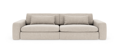 Beige 3-personers sofa med afrundede armlæn og to sædehynder, frontvisning på hvid baggrund.