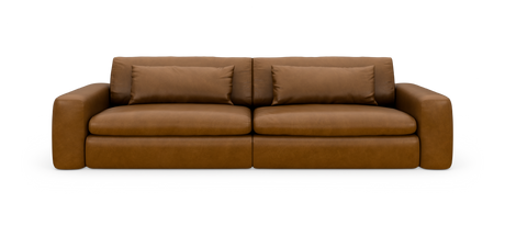 Brun lædersofa med to sædehynder, to ryghynder og brede armlæn, fritlagt på hvid baggrund.