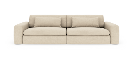 Beige, moderne sofa med bløde, runde armlæn og to aflange puder, frilagt på hvid baggrund.