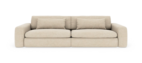 Beige 2-personers modulsofa med bløde, afrundede armlæn og to ryghynder, set forfra på hvid baggrund.