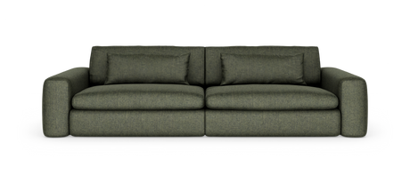 Grøn 3-personers sofa med afrundede armlæn og to ryghynder, frilagt på hvid baggrund.