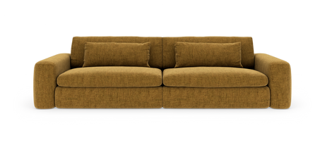 Sennepsgul tresæders sofa med bløde ryg- og sædehynder i frontvisning, fotograferet i studie på hvid baggrund.
